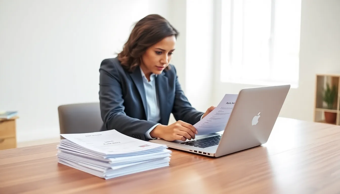 individual reviewing a rental application in a modern office.