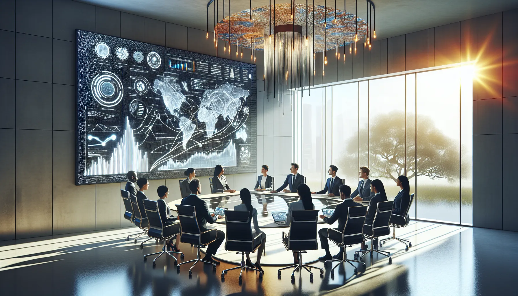 diverse professionals discussing economic growth in a modern office.