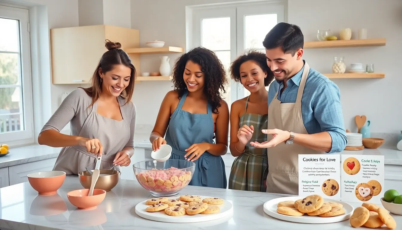 diverse group baking cookies in a modern kitchen.
