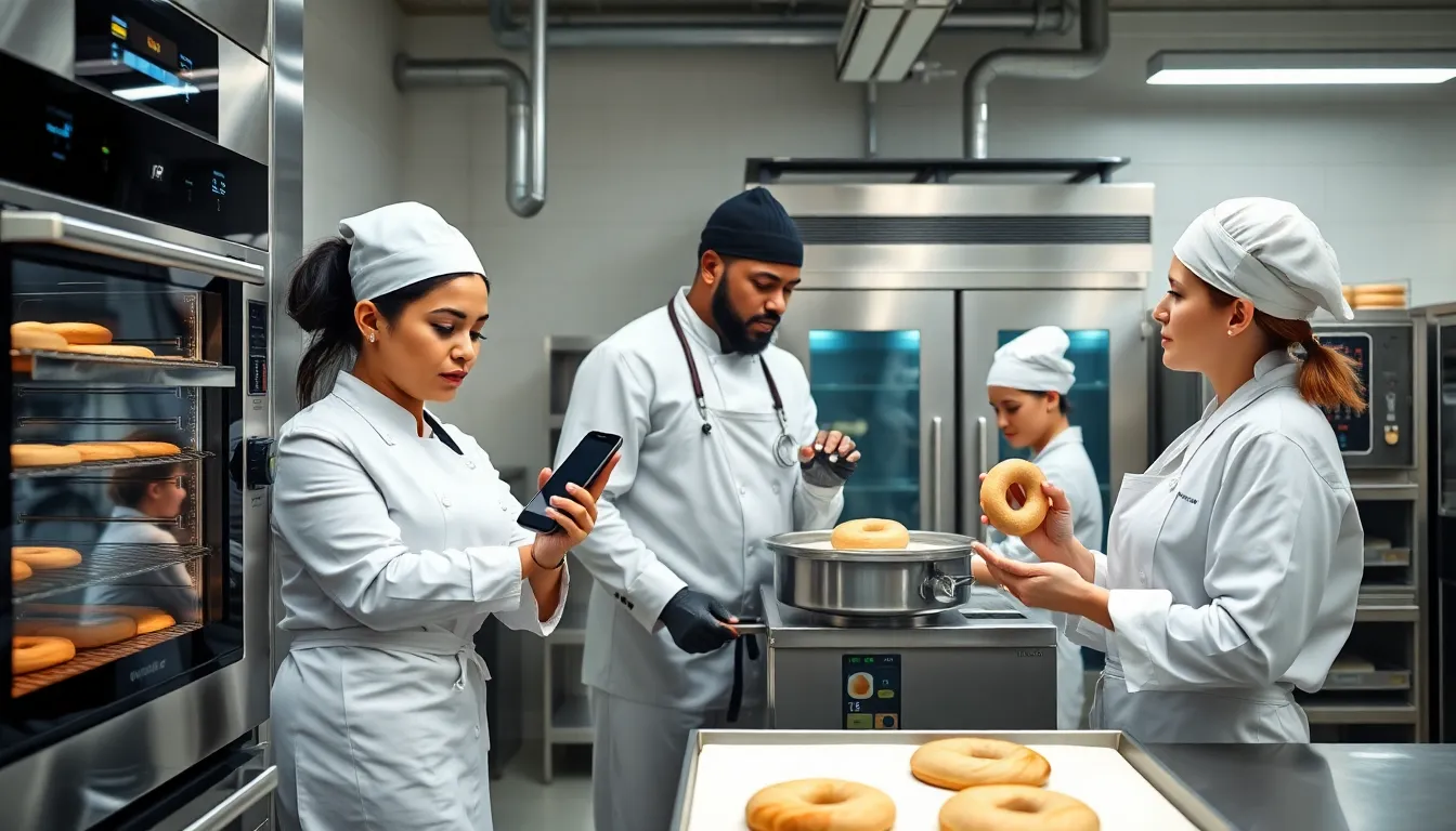 bakers using technology in a modern kitchen to create bagels.