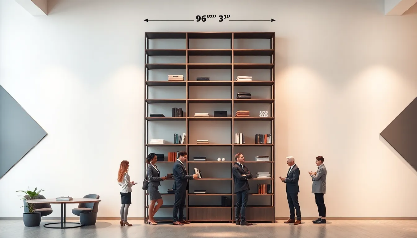 modern office with a large shelving unit and professionals discussing.