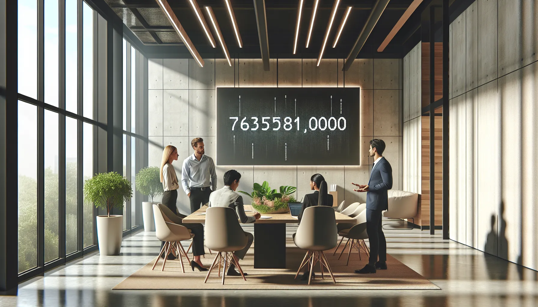 professionals discussing the significance of the number 7635810000 in an office.