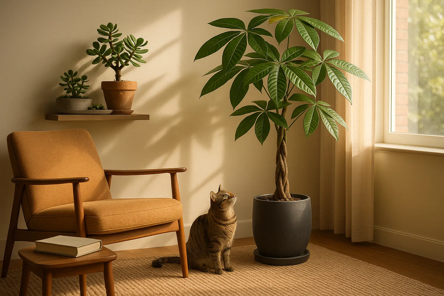 money tree floor plant and jade succulent on shelf in sunny living room