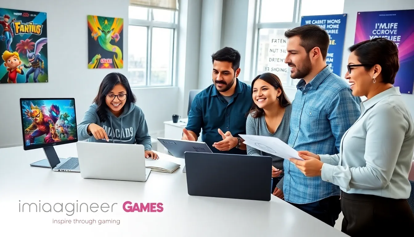 four diverse individuals collaborating on game design in a creative office space.