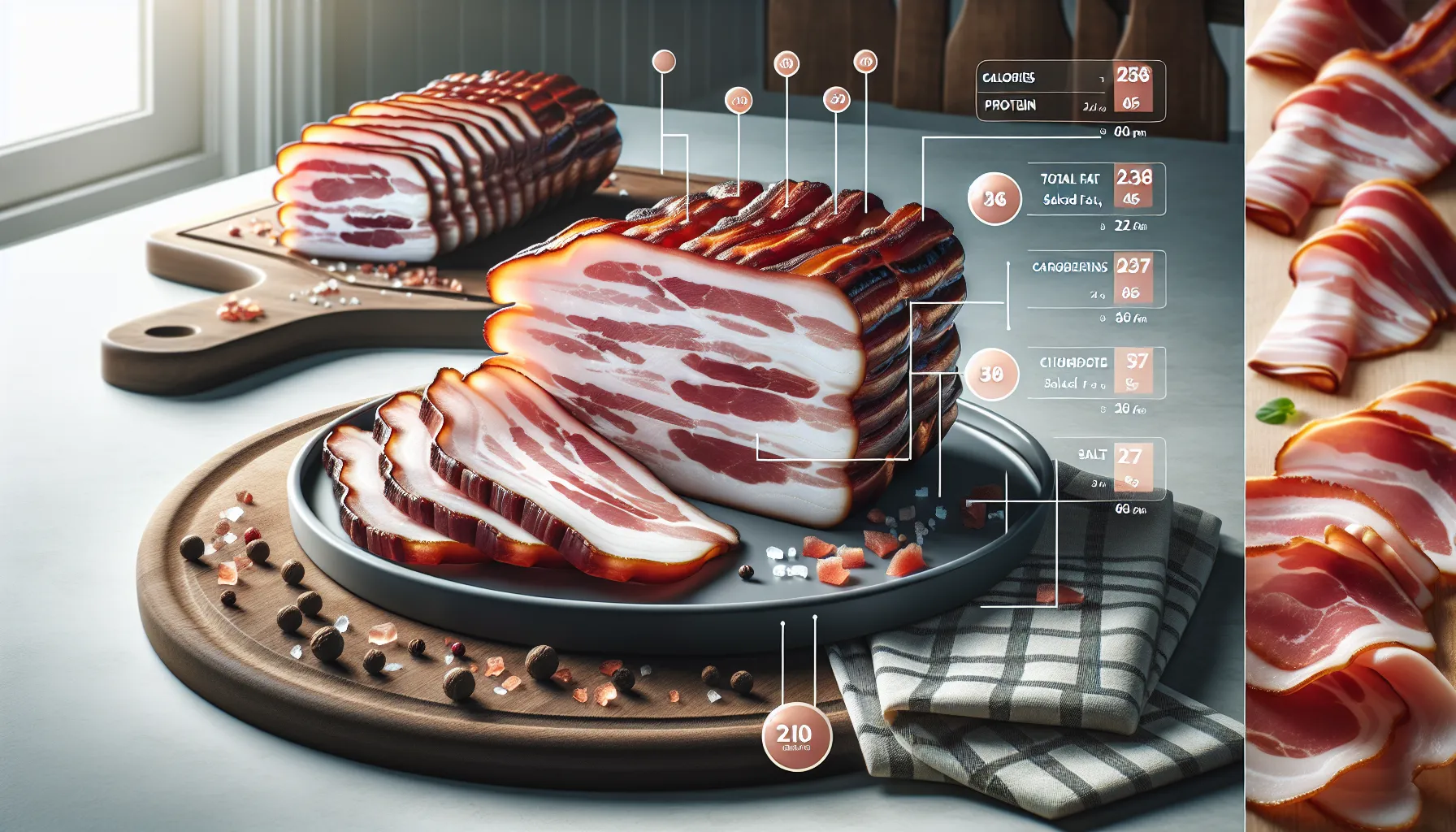 Sliced bacon with nutrition data on a modern kitchen table.