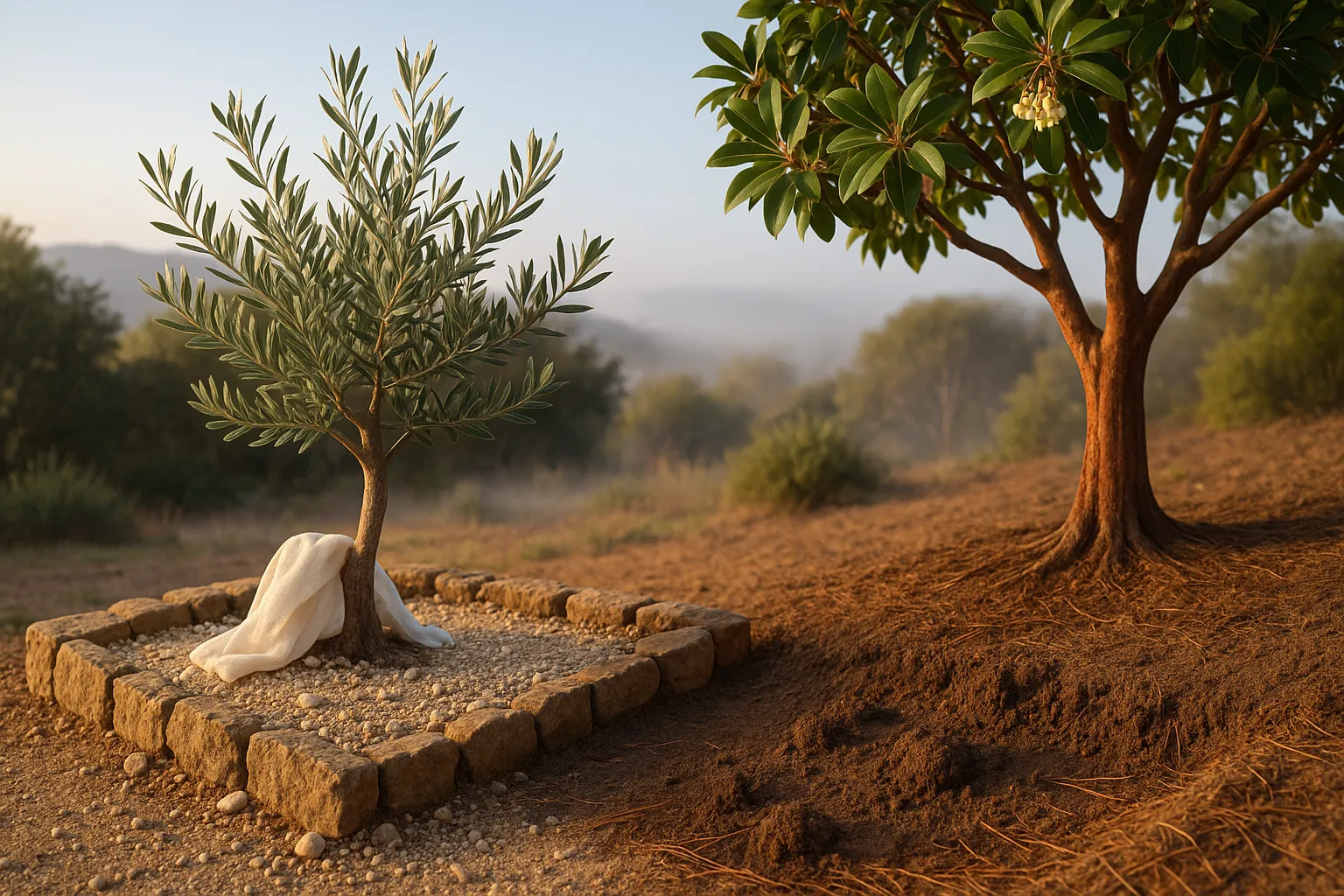 An olive tree on rocky raised soil beside an arbutus on loamy coastal soil.