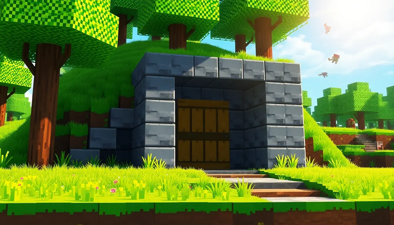 an underground Minecraft bunker surrounded by a vibrant landscape.