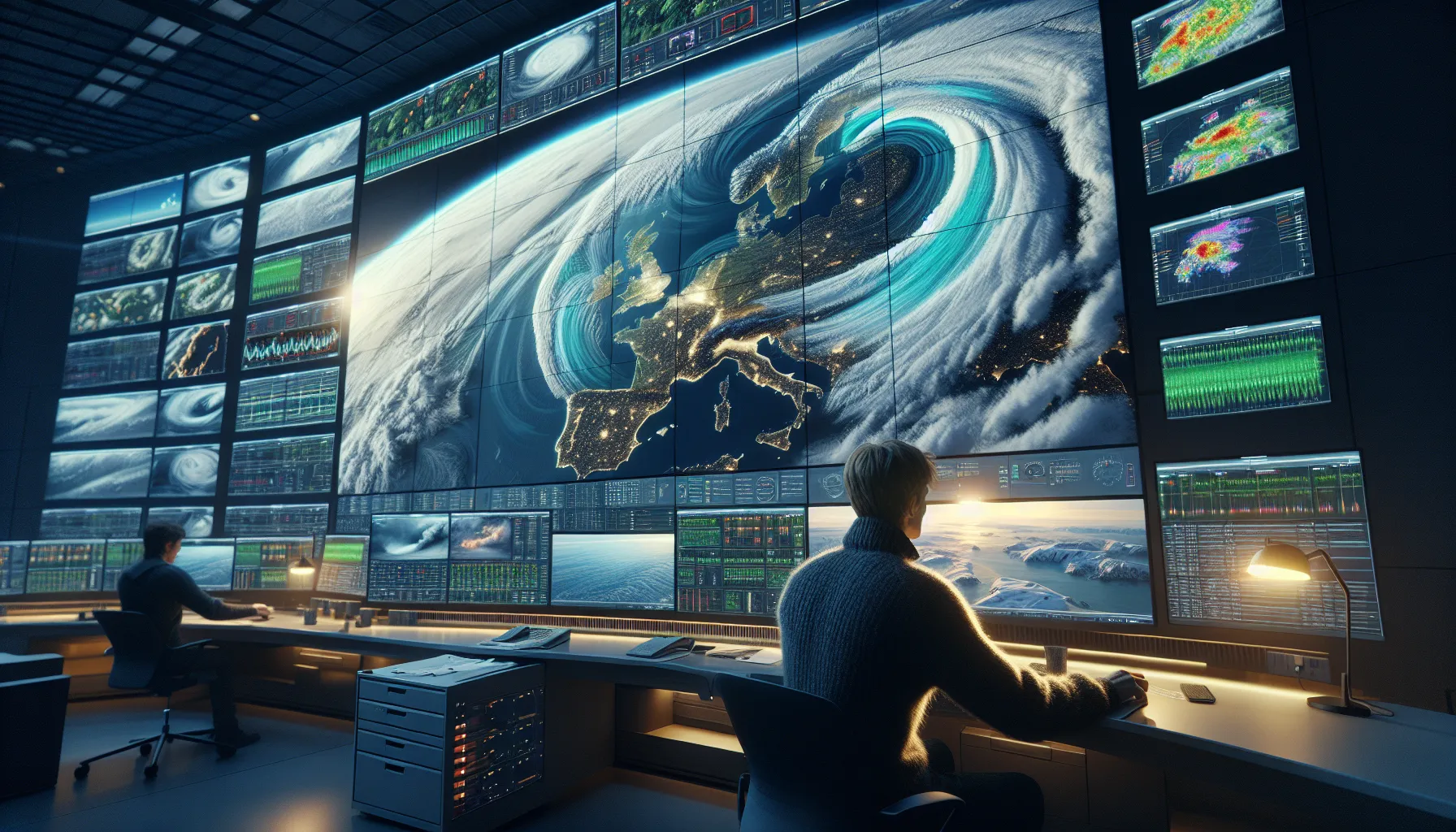 Norwegian meteorologist analyzes real-time satellite weather imagery beside traditional instruments.