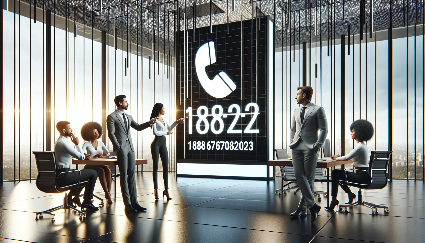 diverse team discussing toll-free number in a modern office.