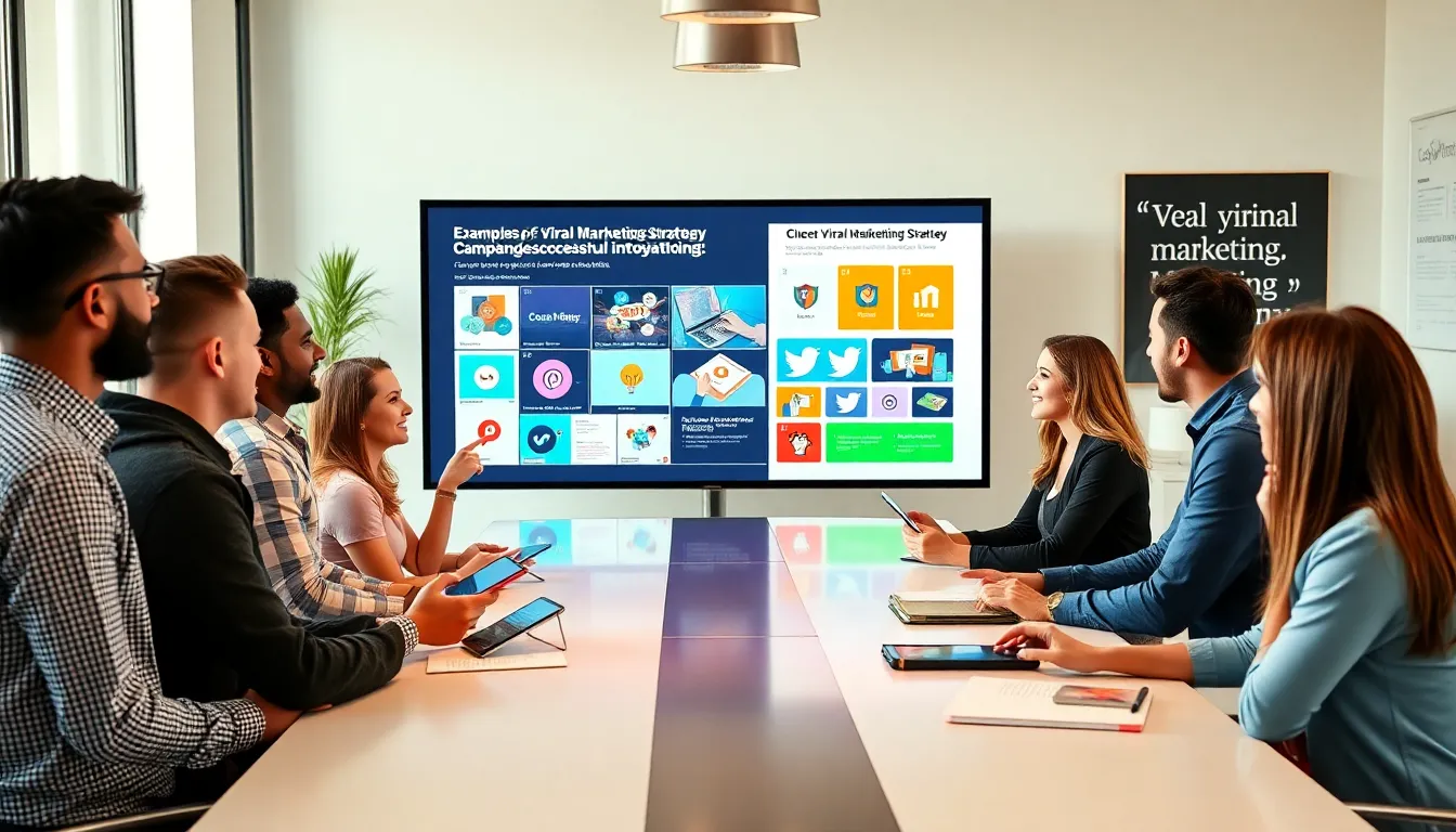professionals brainstorming viral marketing strategies in a modern office.