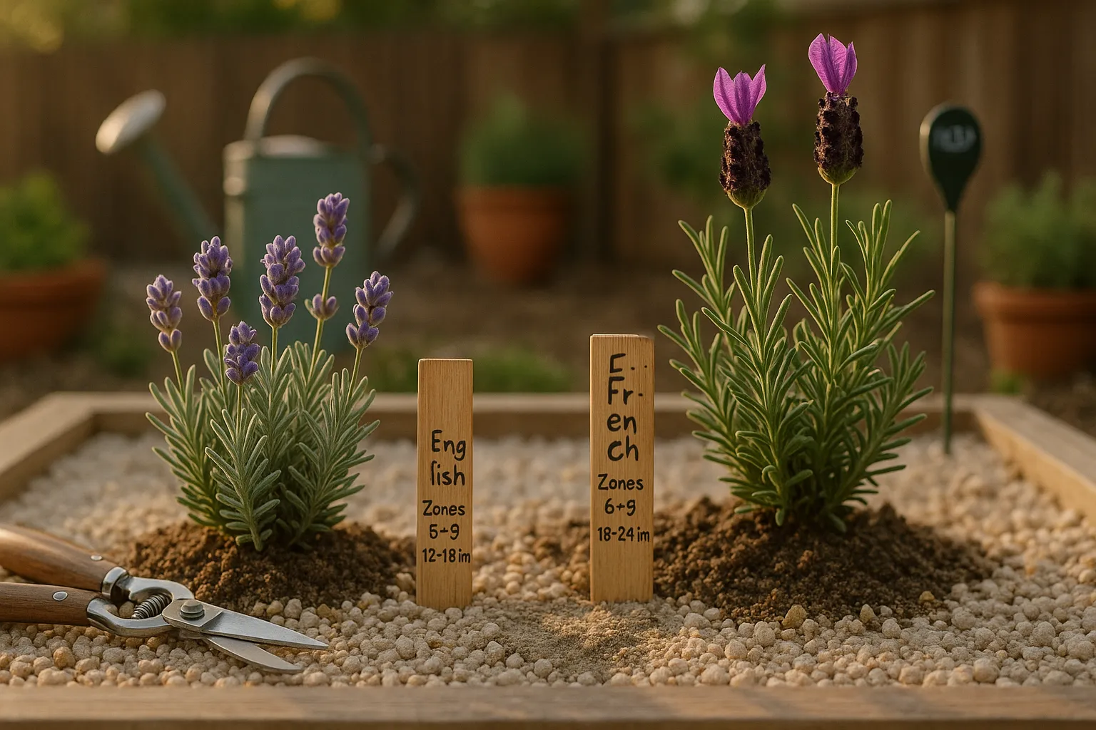 Side-by-side English and French lavender plants in a sunlit gravel bed.