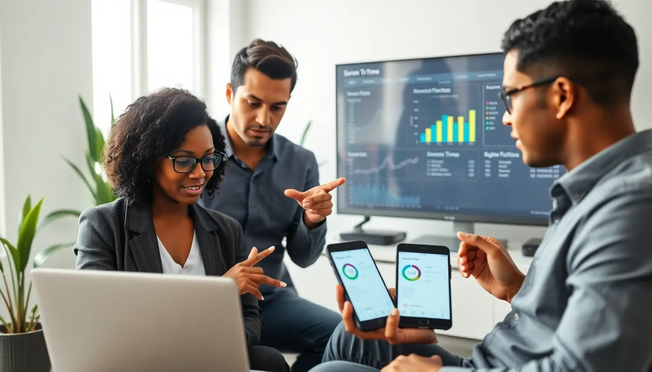 professionals discussing screen time management in a modern office