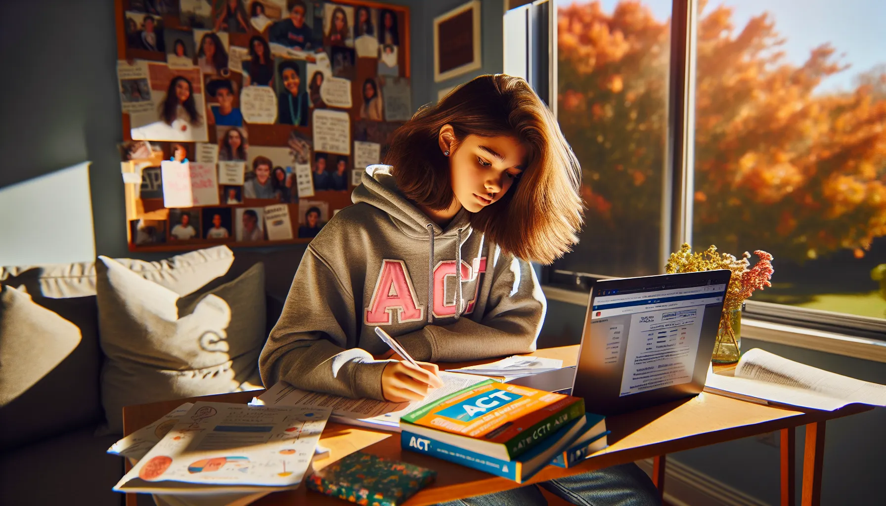 A student studying college admission trends with ACT and SAT materials on her desk.