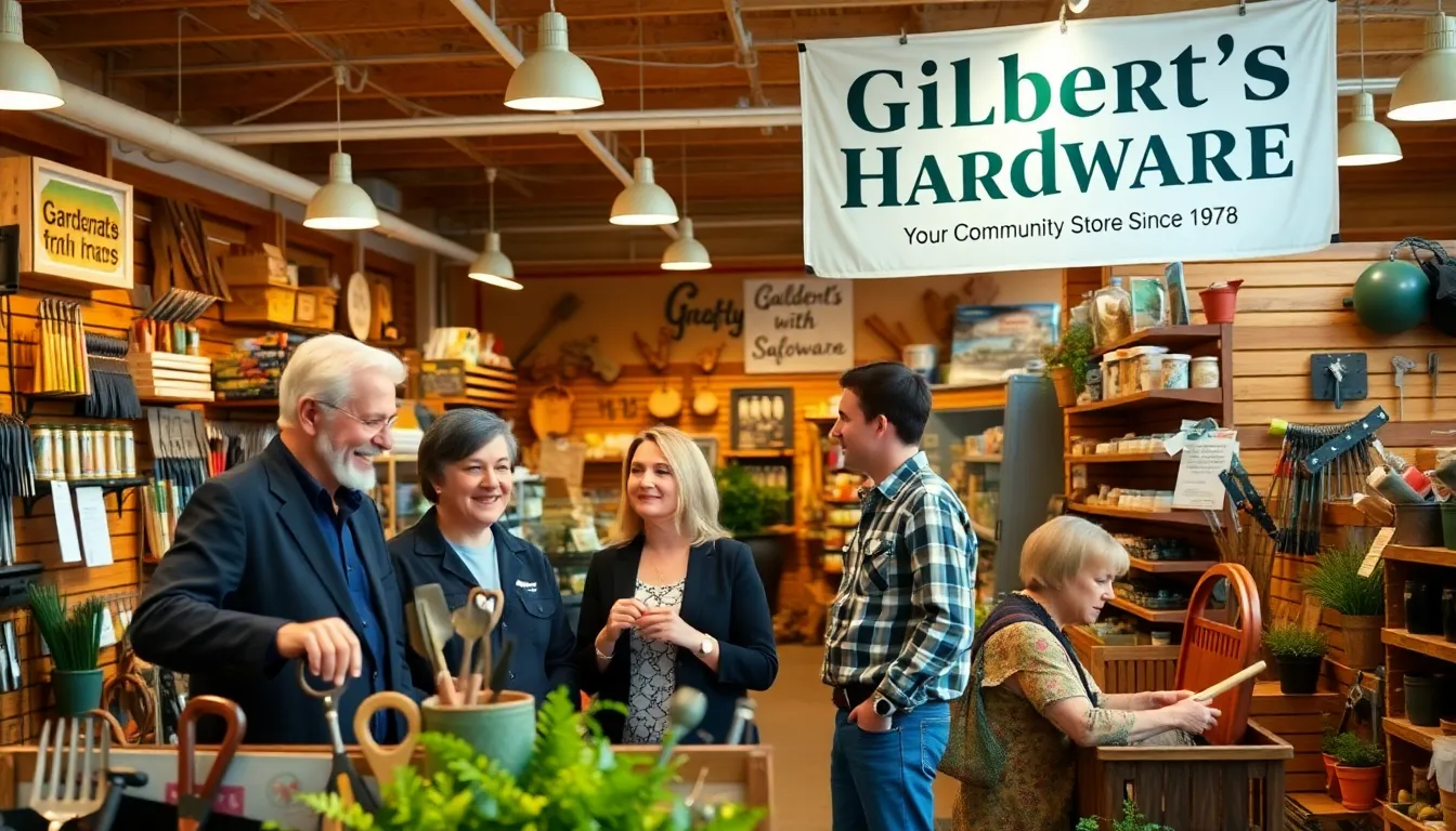 diverse group discussing gardening tools in Gilbert's Hardware store.