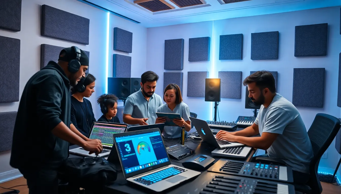 diverse team collaborating in a modern music studio with digital audio workstations.