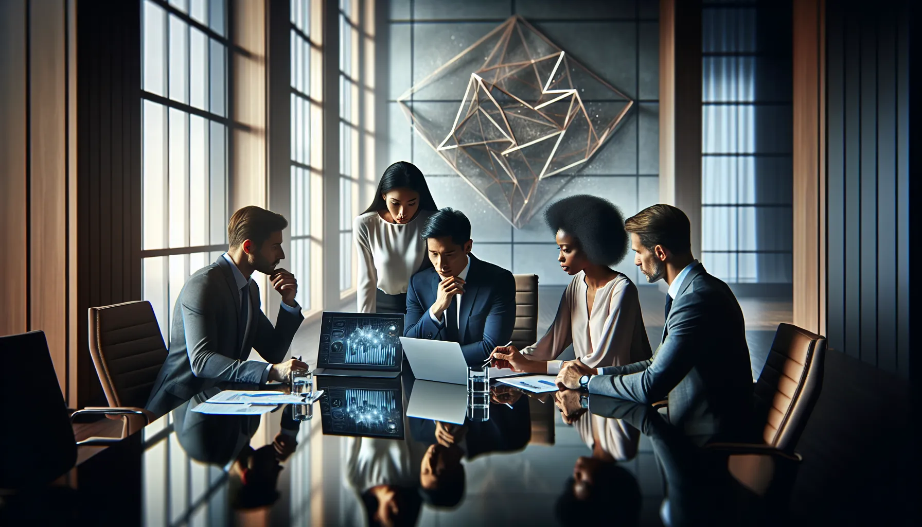 diverse team discussing data security at a modern conference table.