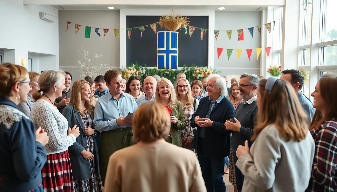 group celebrating Kläntür in a vibrant community center.