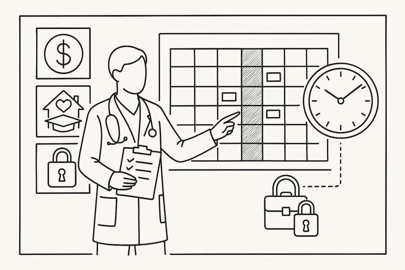 Vet pointing at calendar and clock with icons for pay, autonomy, and contract lock