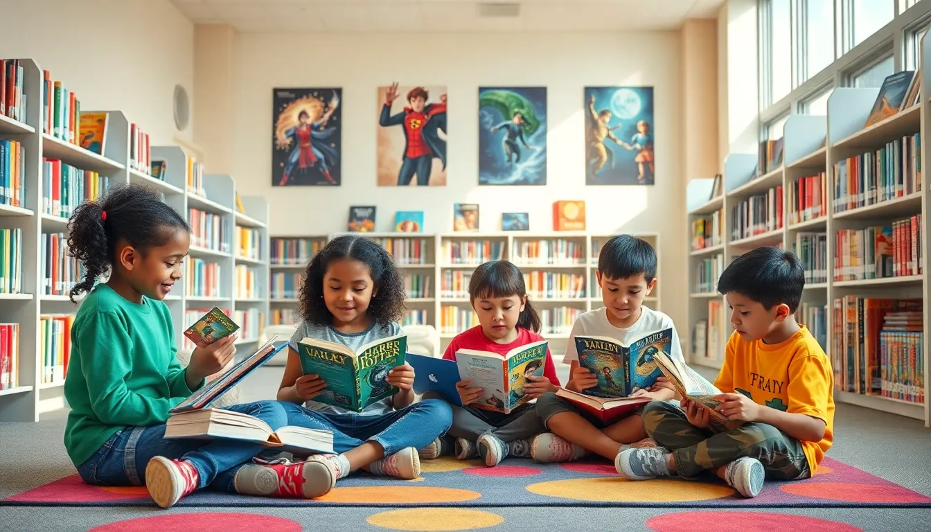 diverse children reading popular 2000s books in a school library.