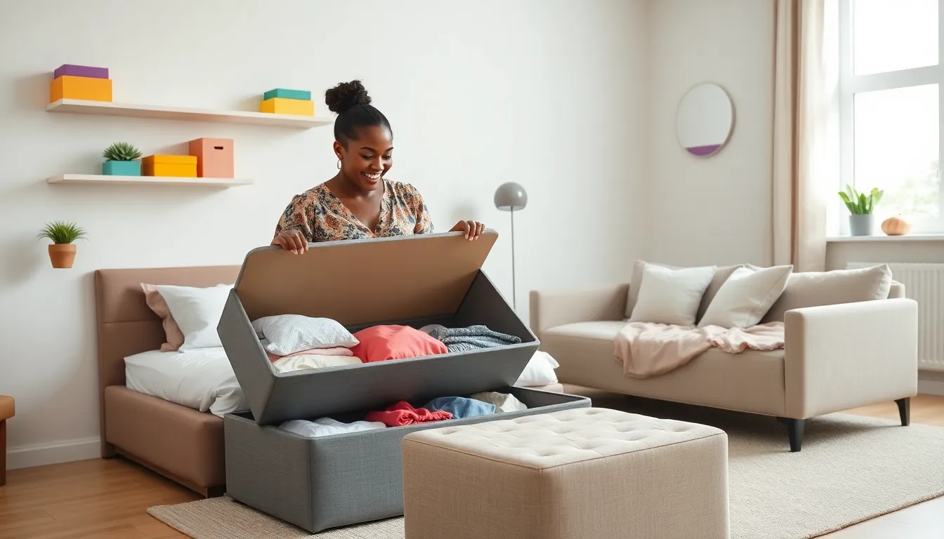 a woman organizing creative storage solutions in a stylish living room.