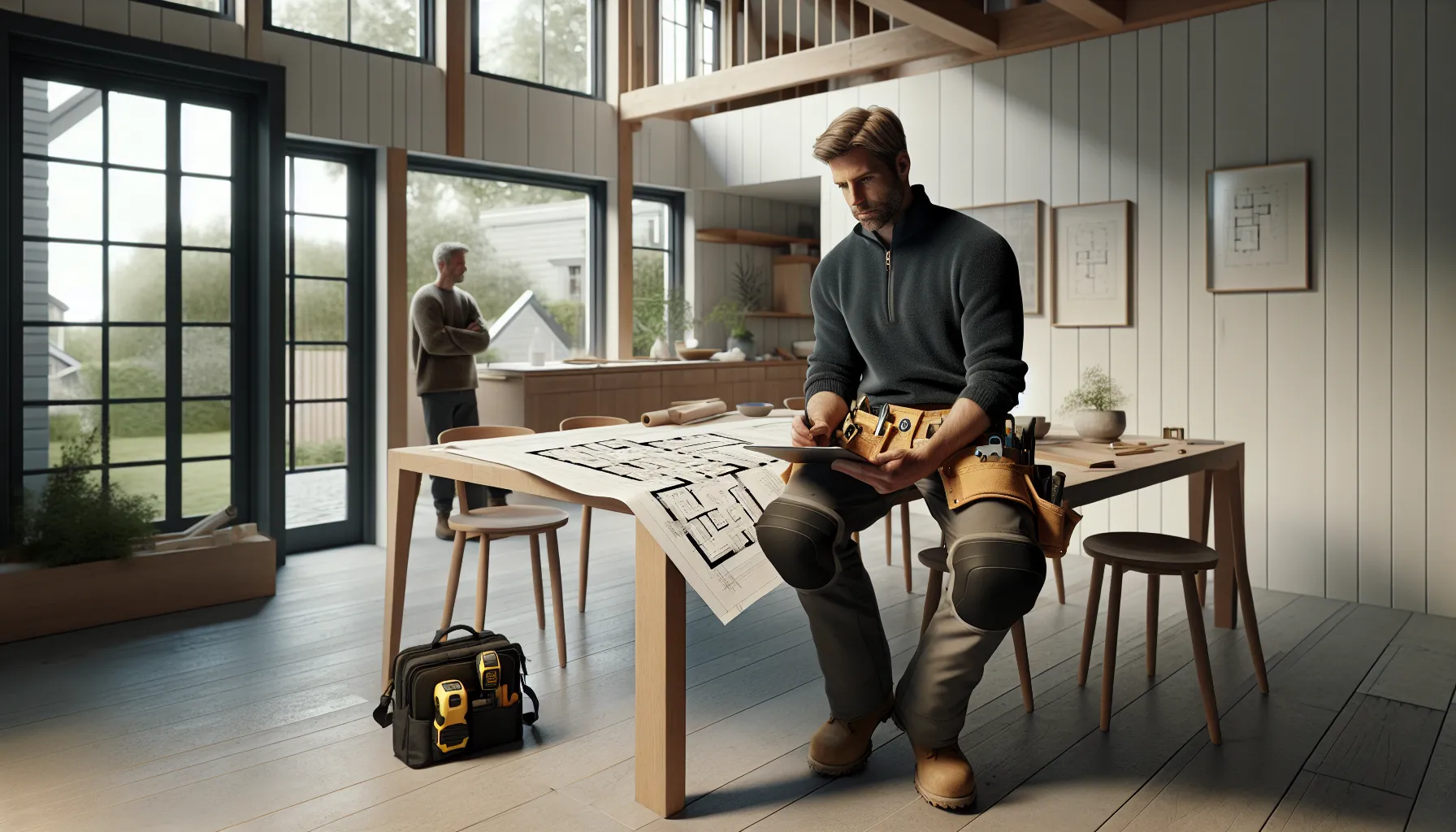 Når er det bedre å bruke profesjonelle snekkertjenester? 3 Professional norwegian carpenter reviewing complex renovation plans with homeowner in a house.
