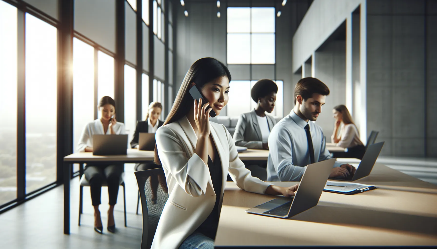 diverse team using phones in a modern office setting.