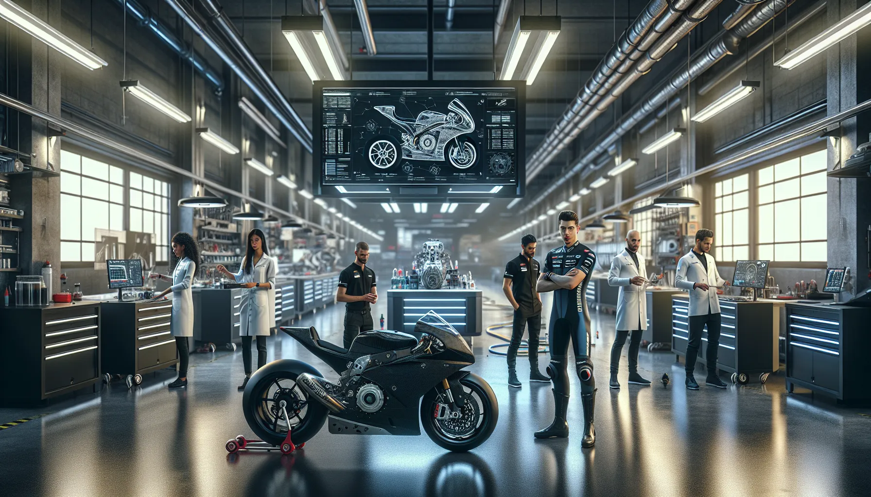 engineers and designers collaborating in a modern motorcycle racing workshop.
