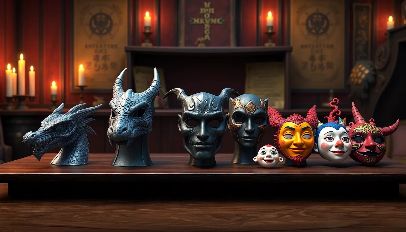 display of various Skyrim-themed face masks on a wooden table.