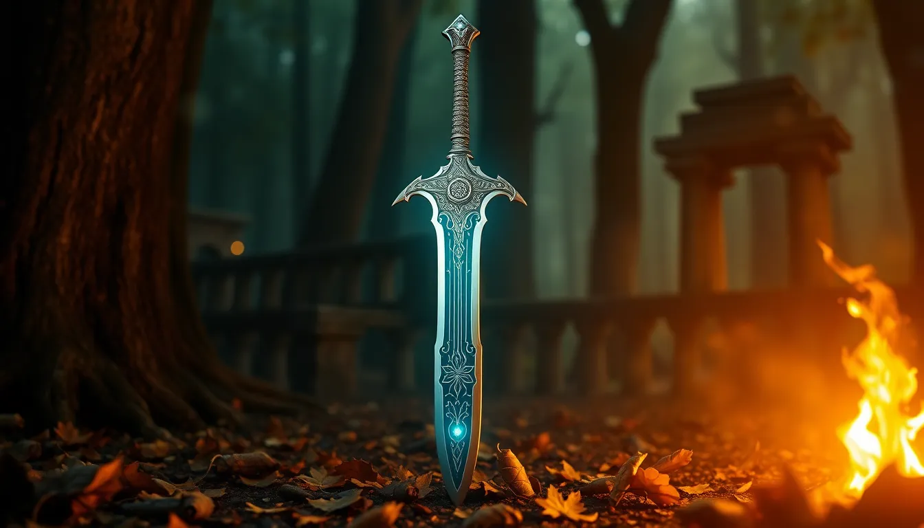 legendary sword Haelynblade in an ancient forest setting.