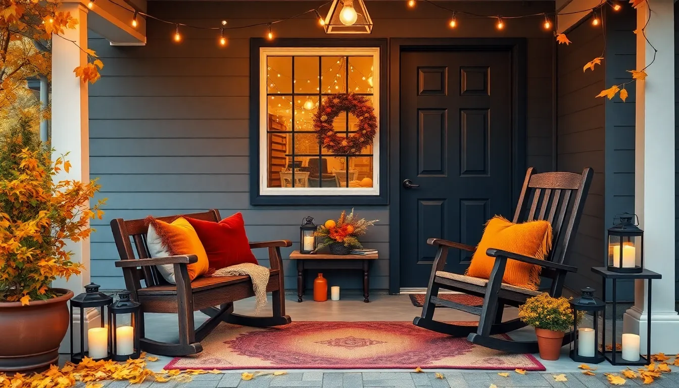 charming front porch decorated for fall with warm colors and cozy seating.