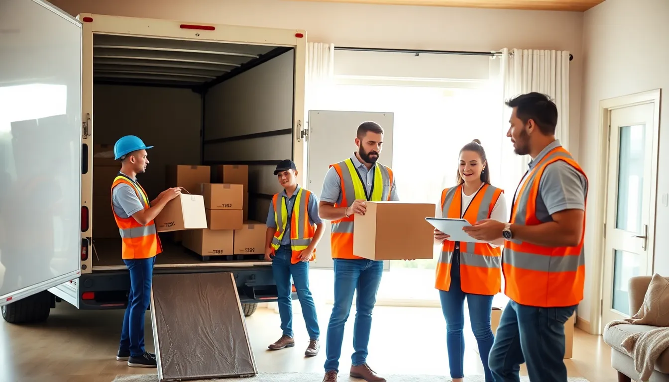 Diverse moving crew working in a modern home setting.