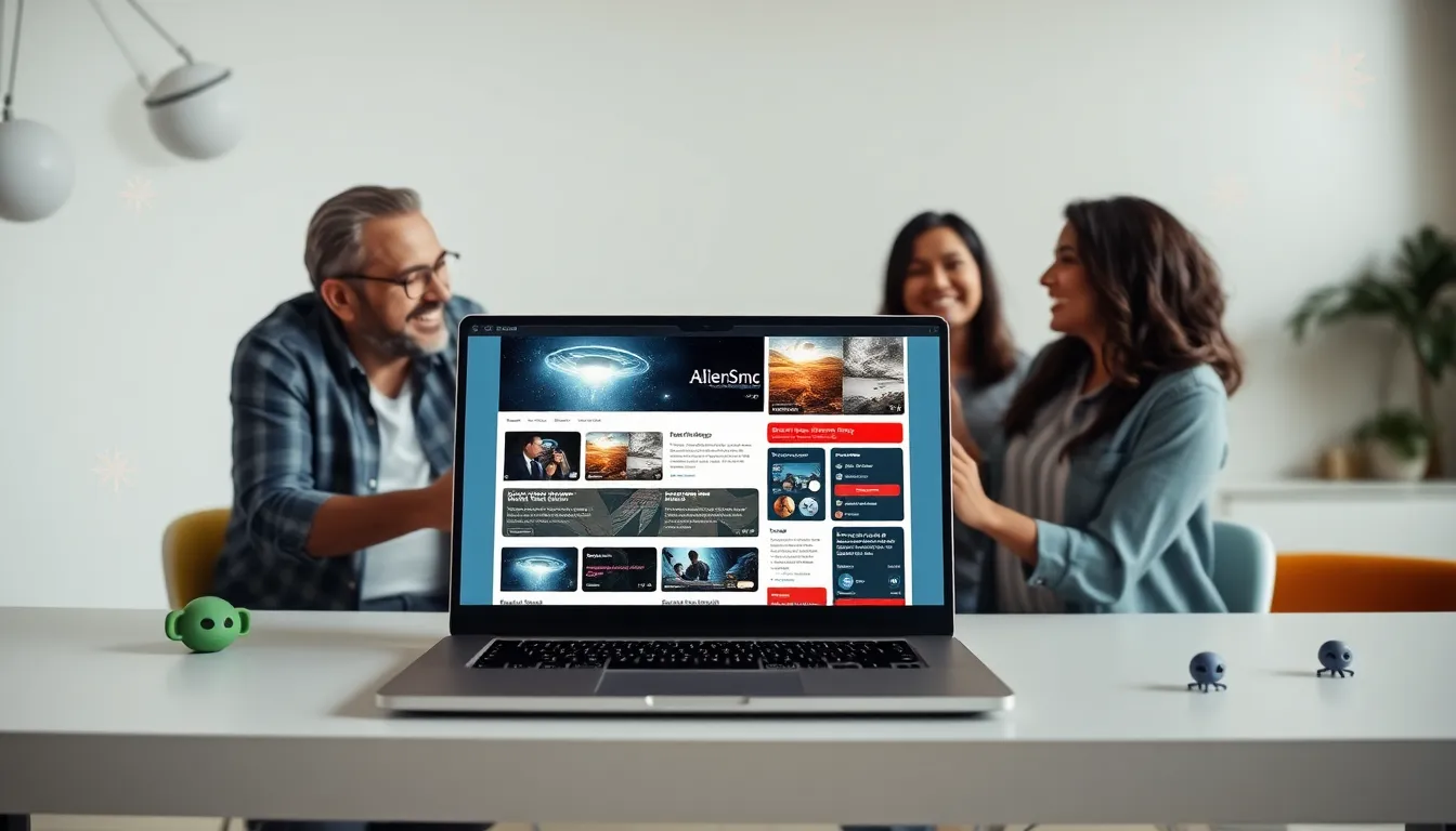 People discussing AlienSync website on a modern laptop.