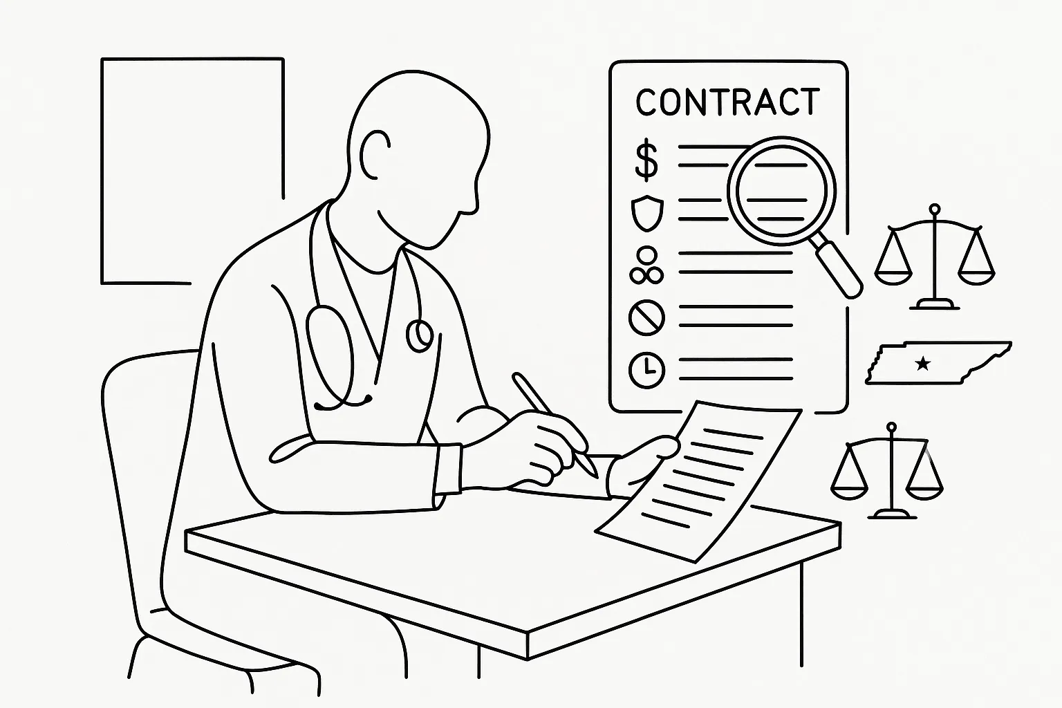 Physician assistant reviewing a contract with magnifying glass and Tennessee Physician Assistant Contract Review.