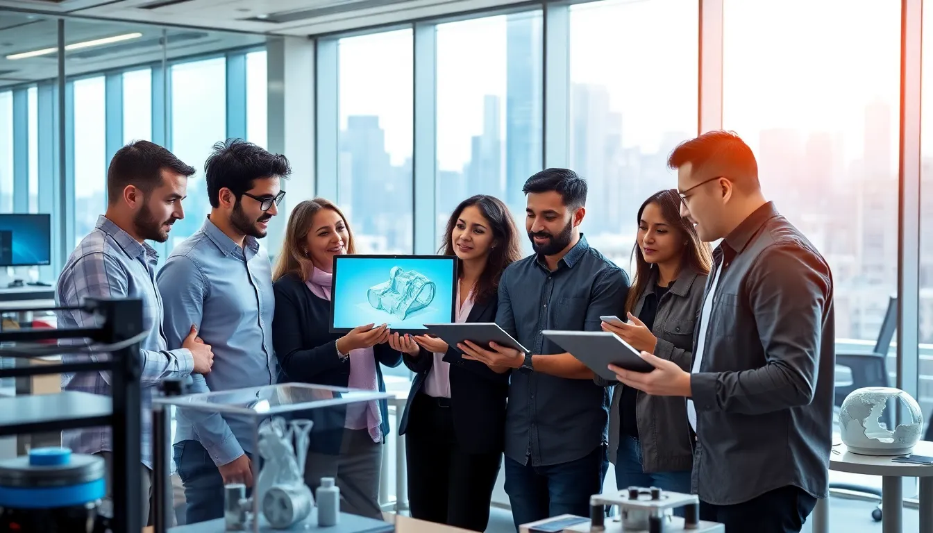 engineering team discussing emerging technologies in a modern office.