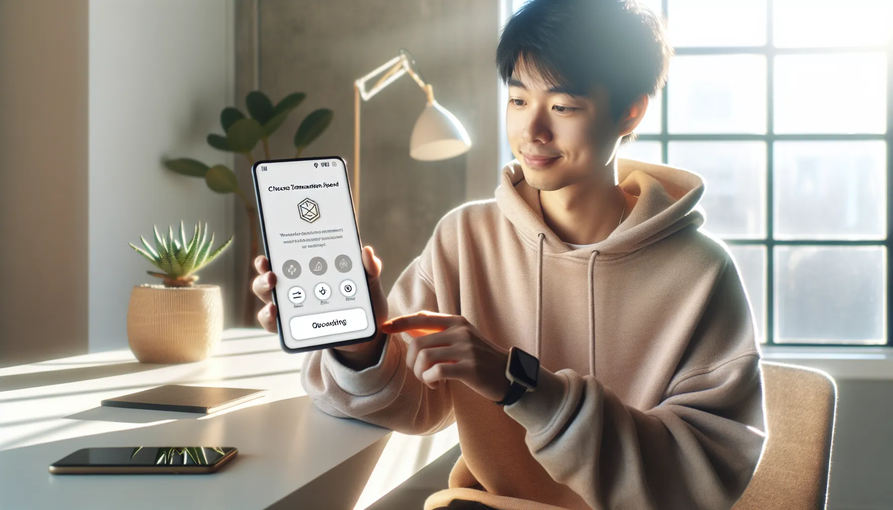 Young professional using smartphone with simplified crypto wallet onboarding interface at home desk.