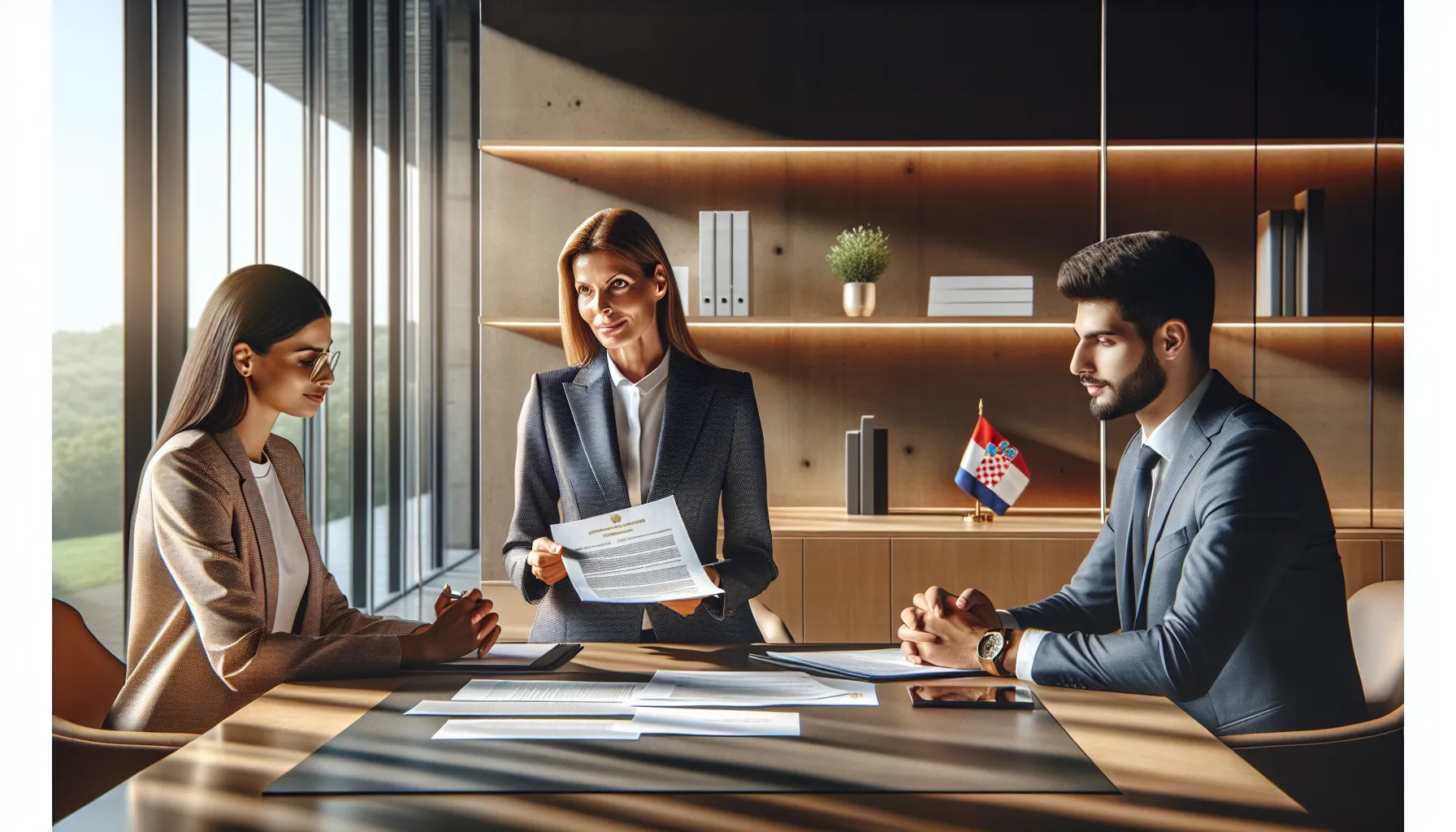 HR manager presenting parental leave documents to professional couple in modern office.
