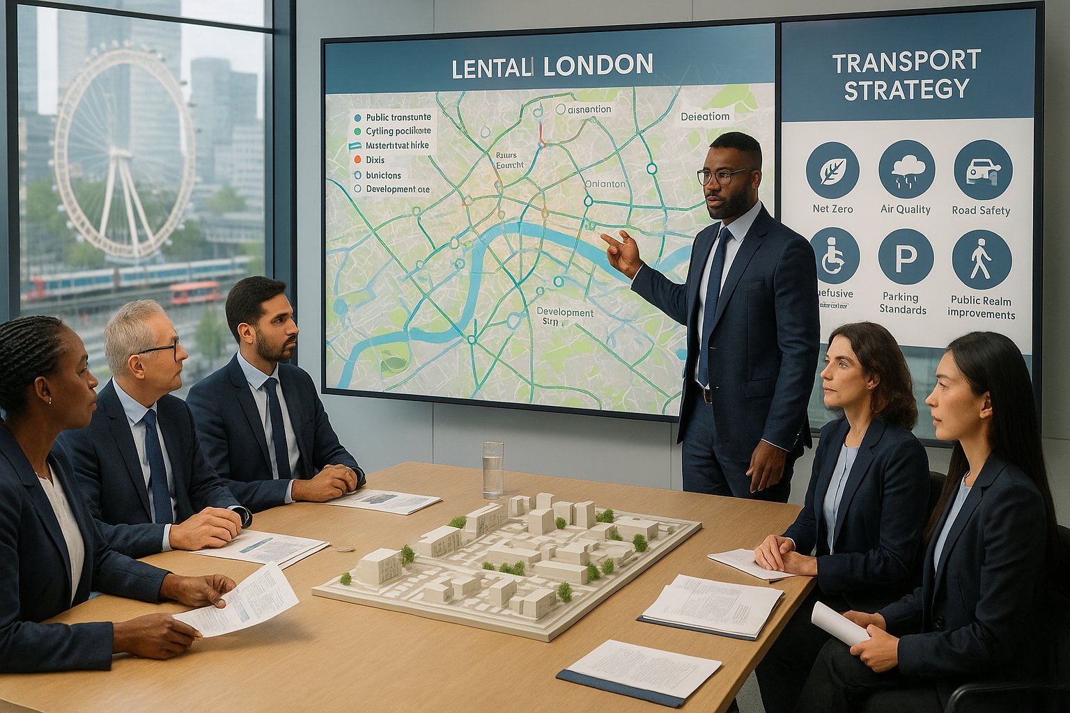 Transport planners reviewing a London development and mobility strategy in an office.
