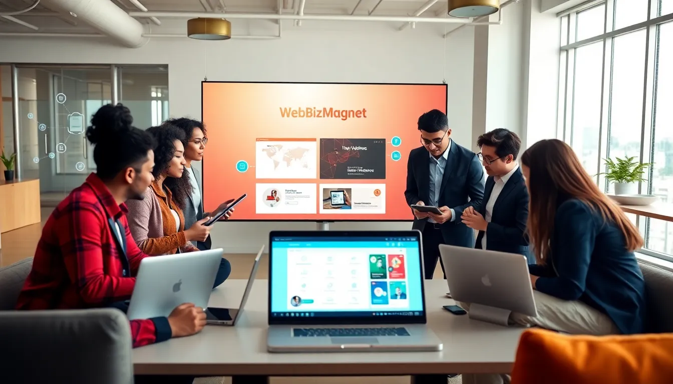 diverse professionals collaborating over WebBizMagnet in a modern office.