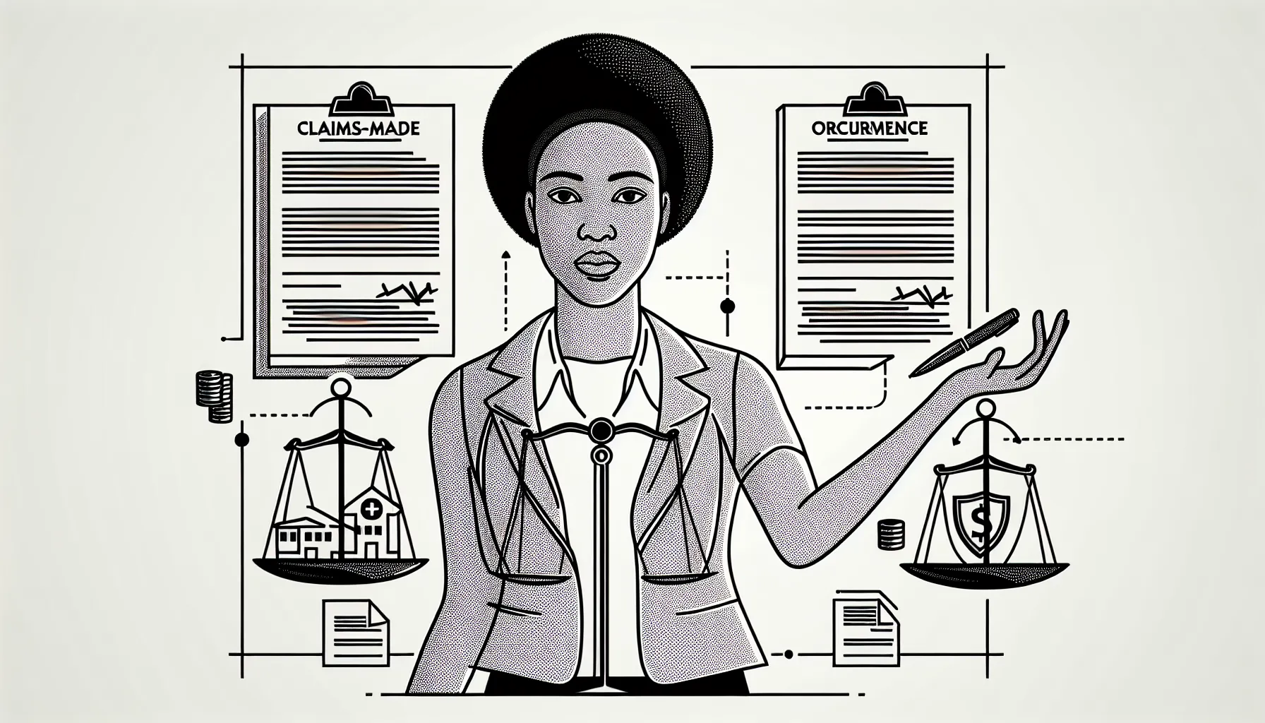 Physician comparing claims-made vs occurrence policies with tail and employer icons.