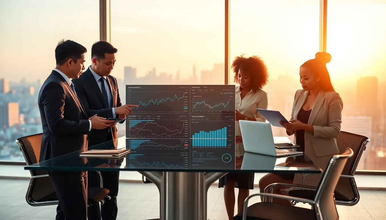 team discussing cryptocurrency trading in a modern office.