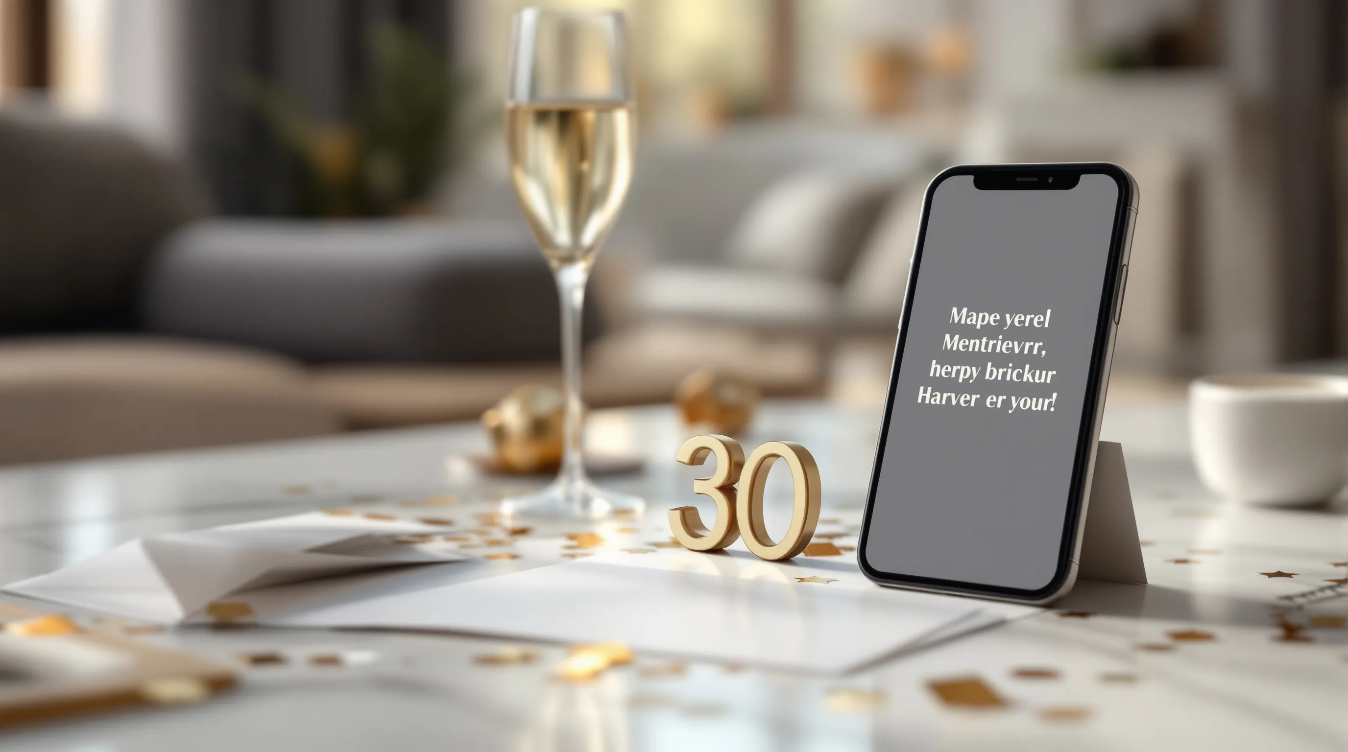 Birthday greeting card with number 30 on elegant desk with champagne and confetti.