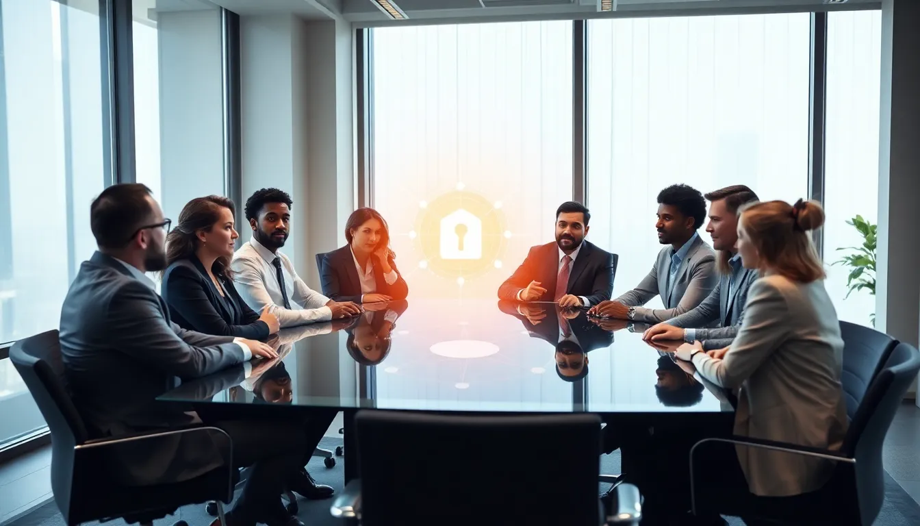 diverse team discussing blockchain technology in a modern office.