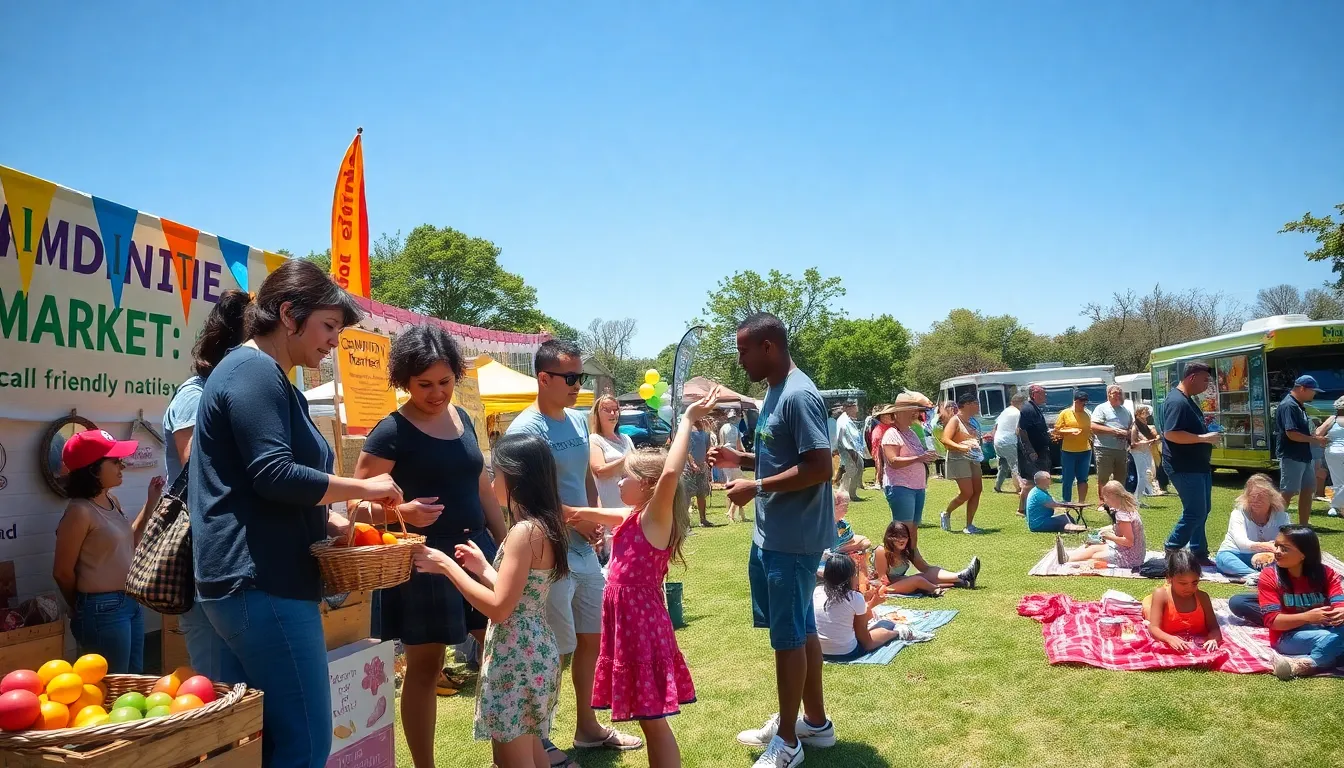 A lively community market event in a sunny park with diverse participants.