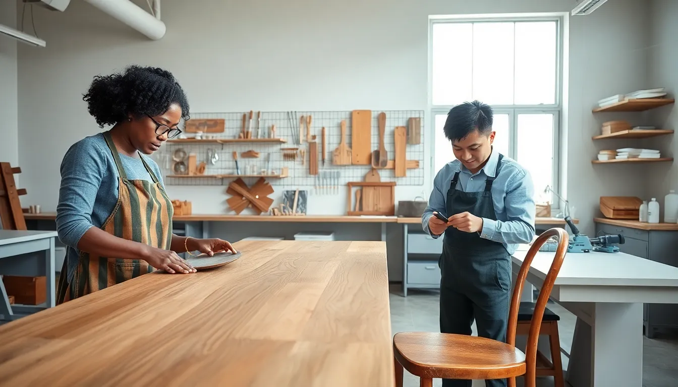 diverse team restoring vintage furniture in a modern workshop.