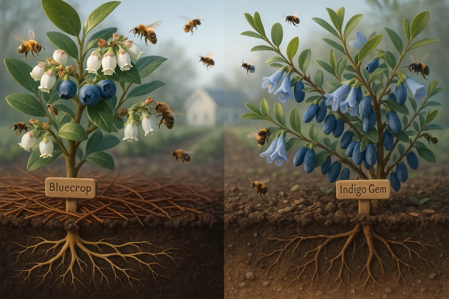 Side-by-side blueberry and honeyberry plants with roots, blossoms, and bees.