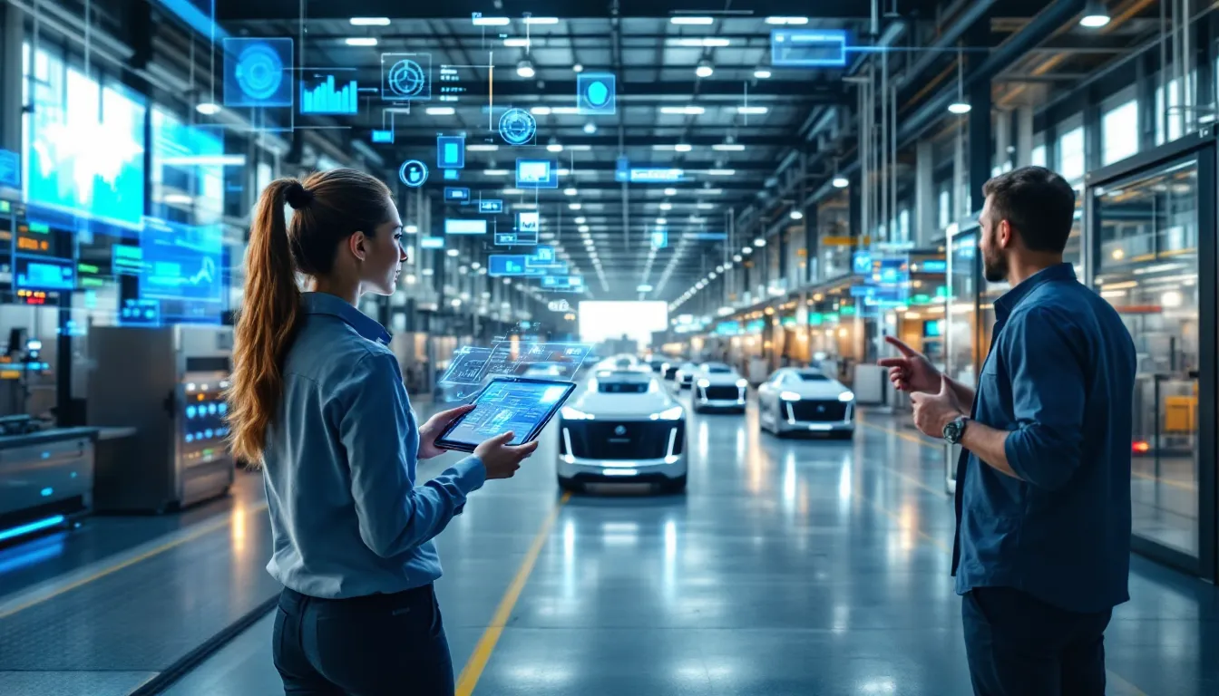 Engineers monitoring AI-powered robotic production line in modern smart factory.