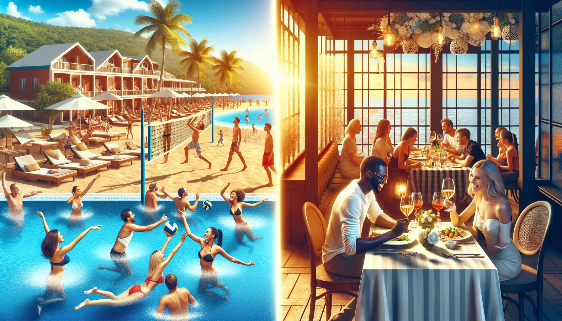 A resort with activities contrasted against a cozy local restaurant setup.