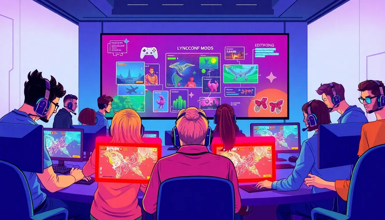 diverse gamers collaborating on Lyncconf game mods in a modern gaming lounge.
