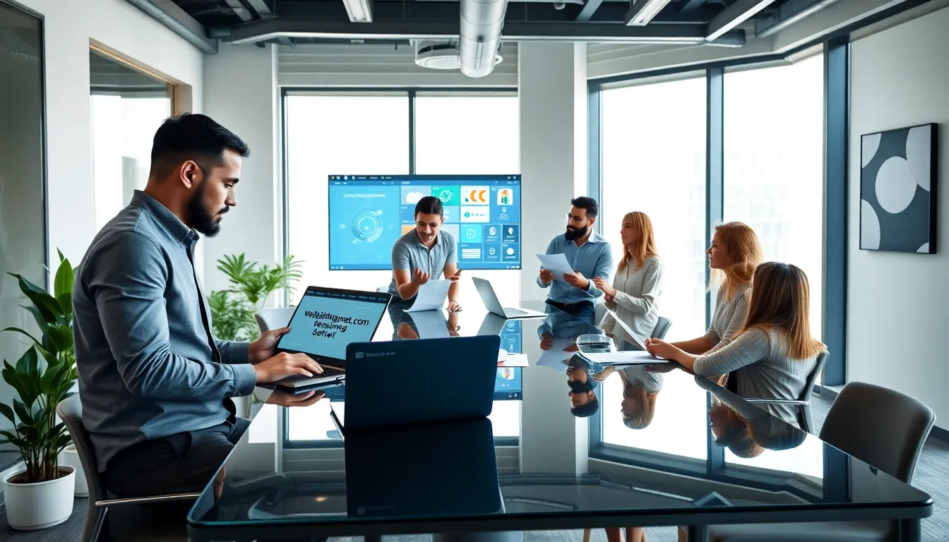 diverse team collaborating in a modern office on software applications.