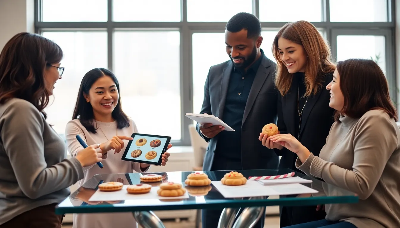 diverse team discussing cookies in a bright modern office.